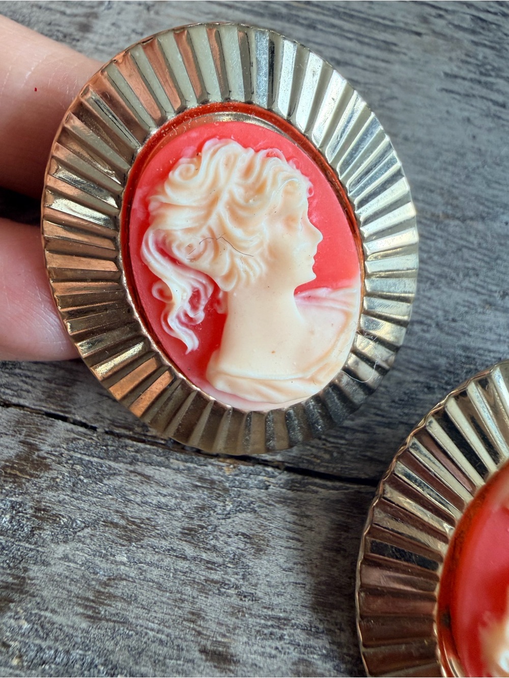 Vintage Coral and Gold Cameo Clip on Earrings sunburst retro statement